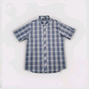 Travis Mathew Button Down‎ Short Sleeve Plaid Shirt Men's Size Large Blue Golf